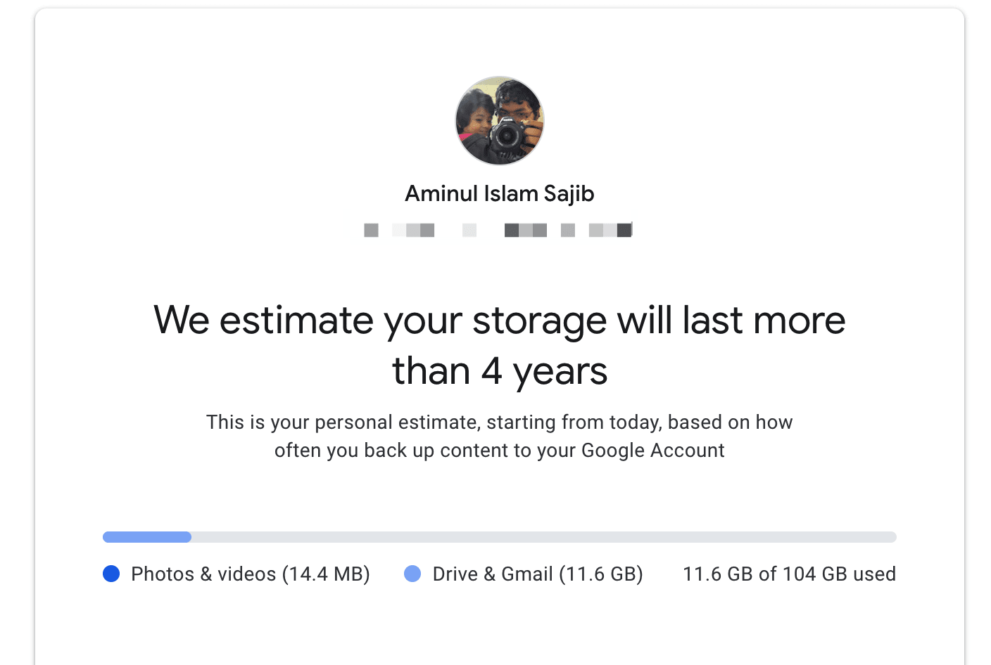 Google Photos estimating my storage will last about 4 years. 