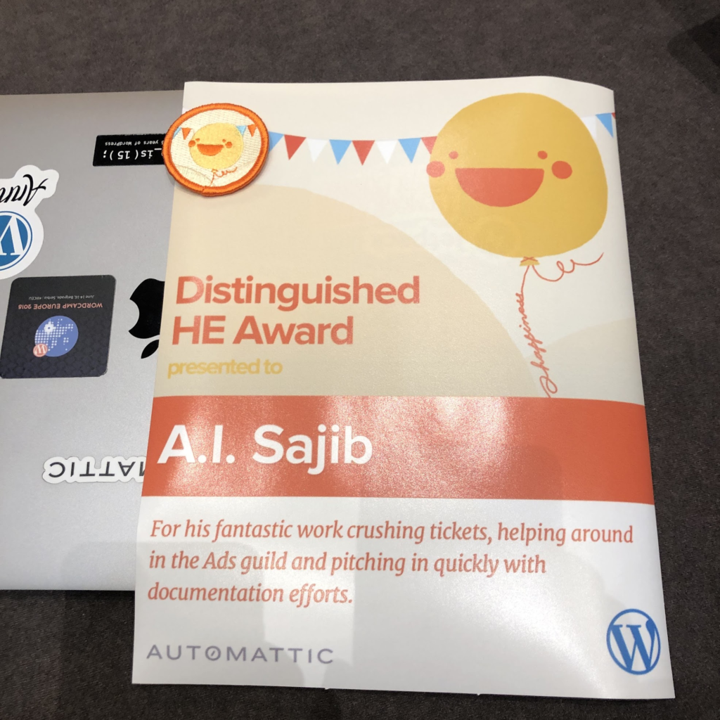 Distinguished Happiness Engineer award presented to A.I. Sajib from Automattic.